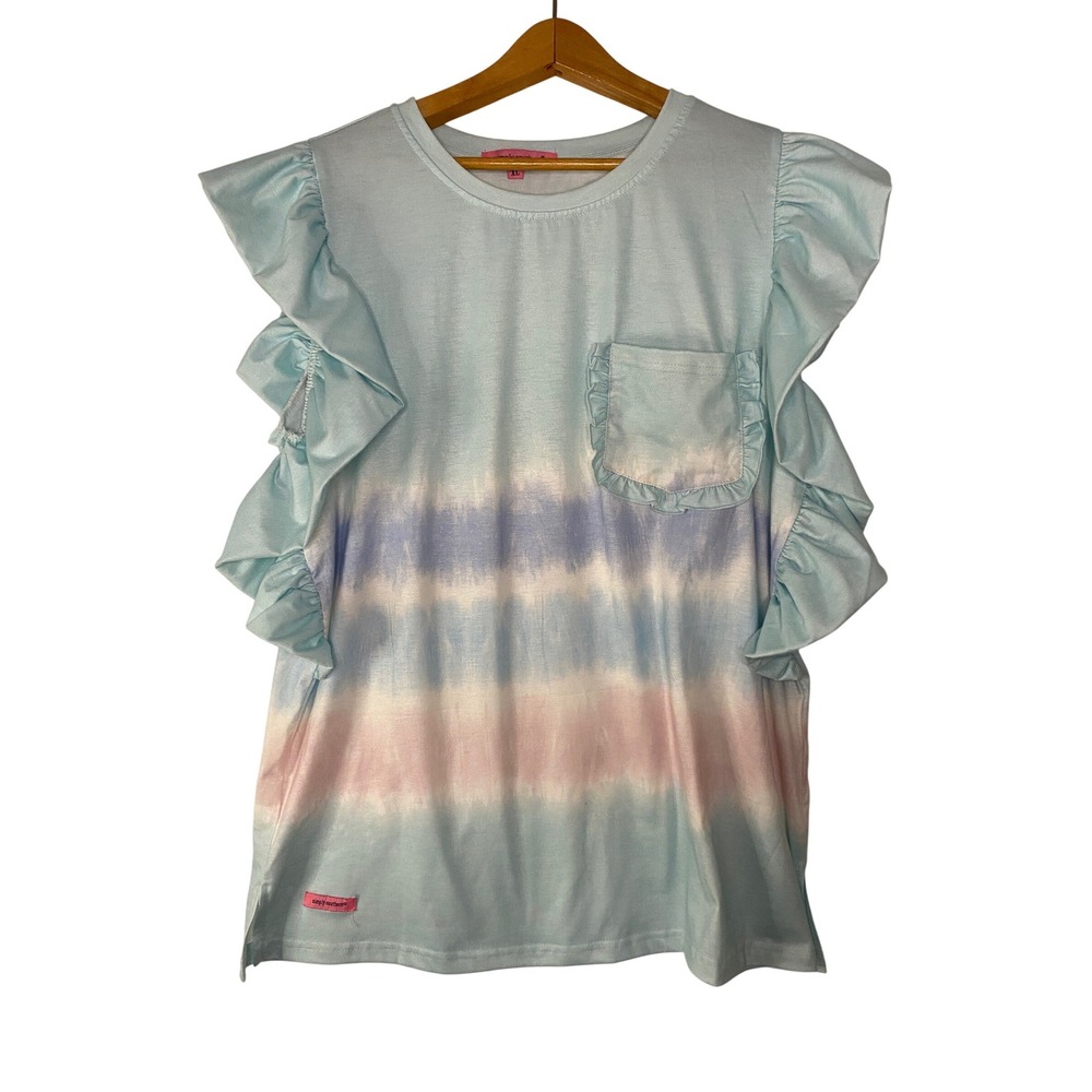 Simply Southern Women XL Blue Tie Dye Ruffle Sleeve Pocket T-Shirt Top Preppy